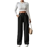 Verdusa Women's Double Buckle Wide Leg Pants High Waist Fall Casual Elegant Work Pants