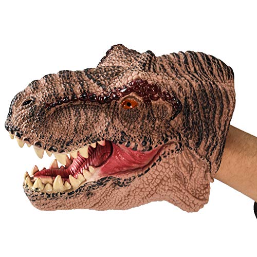 DLseego Dinosaur Hand Puppets Toys Soft Rubber Realistic Spines Dragon Role Play Toy for Kids and Adult-Tyrannosaurus-Brown