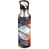 YoCosy Insulated Stainless Steel Water Bottle with Straw 20oz Red Blue Usa Flag Sport Baseball Sports Water Bottles BPA Free Leakproof Metal Vacuum Flask Jug for Kids Gym Fitness