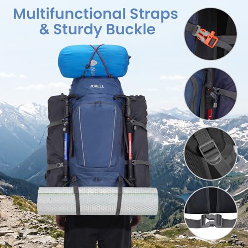 JOVELL 70L Hiking Backpack with Rain Cover, Travel and Camping Package for Outdoor Sports, Climbing, Touring and Hiking, Backpack Luggage for Men and Women, blue, Hiking Backpack
