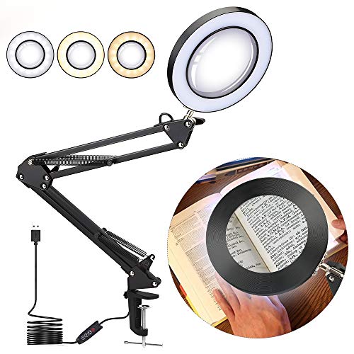 LED Magnifying Glass Desk Lamp,5X Lighted Magnifier with 3 Color Modes,Brightness Dimmer,Eye Protection,Reading Light Clamp Lamp for Table Top Tasks
