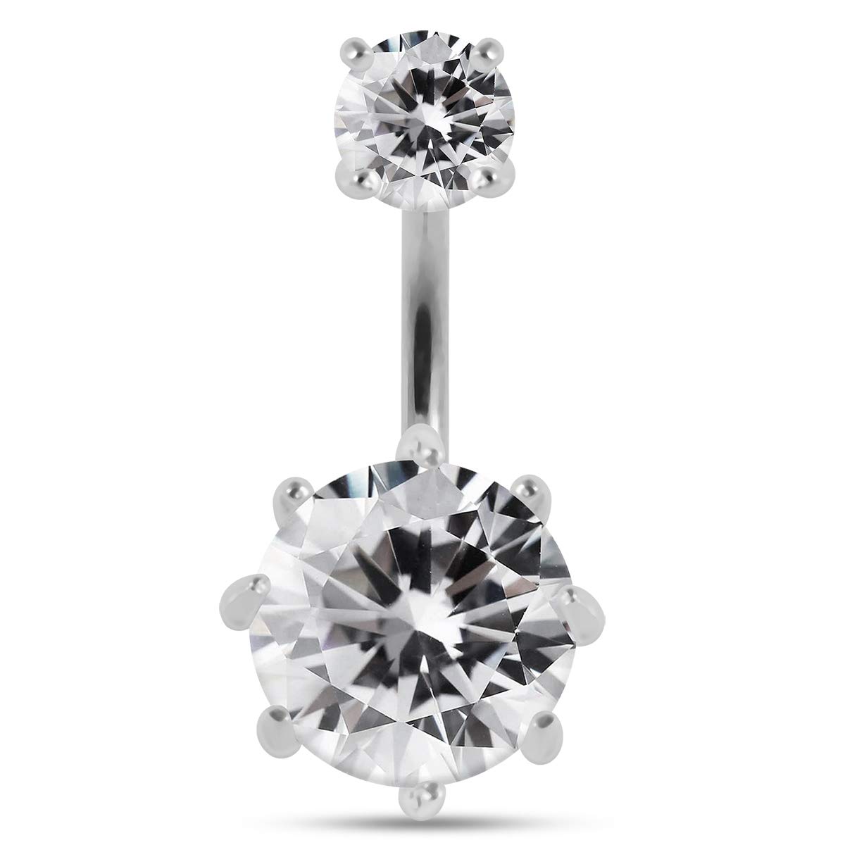 AZARIO London Clear CZ Stone Round Big and Small 925 Sterling Silver Double Side Belly Bar Piercing