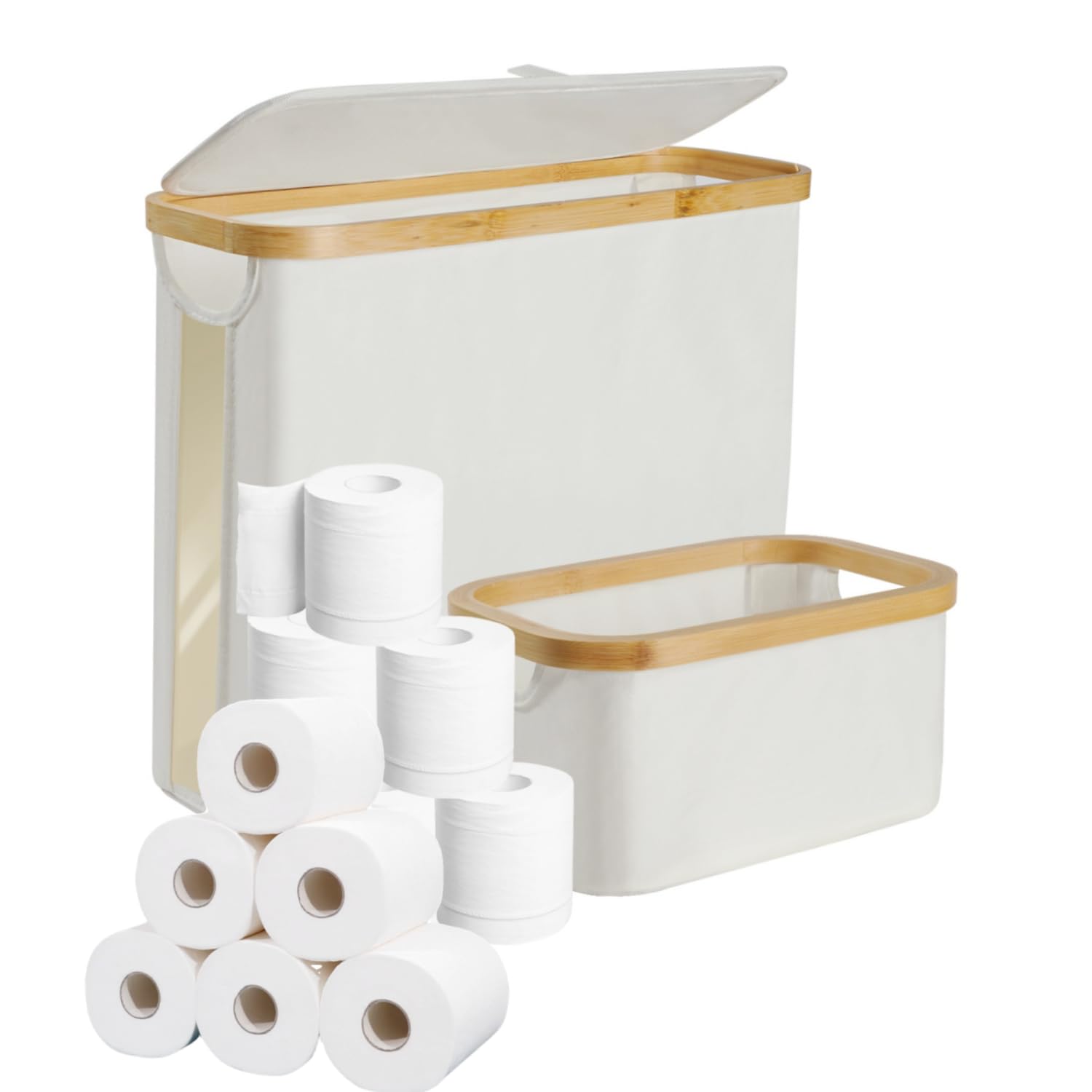 Photo 1 of 2 Pack Foldable Toilet Paper Storage Baskets with Lids Holds Up to 15-18 Rolls Bamboo Toilet Paper Bin Bathroom Organizer