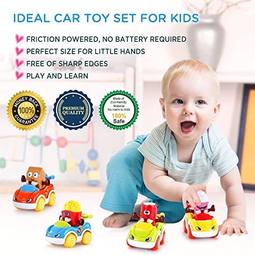 Gxi Cars for 1 Year Old Boy, Toddler Toy Cars Set of 4 Cartoon Push and