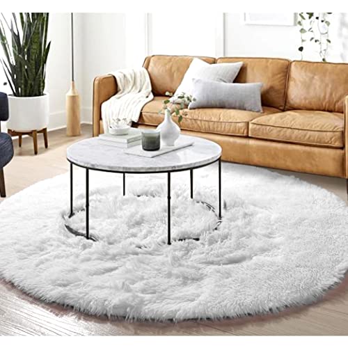 Amdrebio White Round Rug for Bedroom,Fluffy Circle Rug 4'X4' for Kids Room,Furry Carpet for Teen