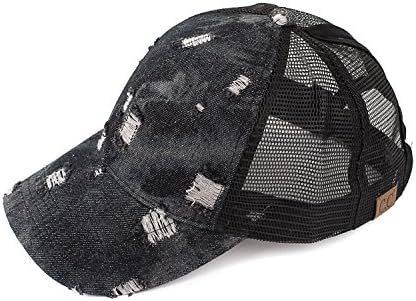 C.C Exclusives Messy Buns Damaged Denim Fabric with Ponytail Baseball Cap (BT-8)