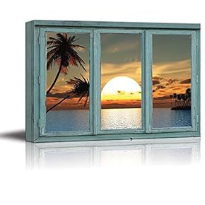 Perfect Sunset from a Tropical Island with Palm Trees and Blue Waters - Canvas Art Home Art - 24x36 inches