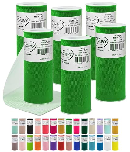 Expo International Decorative Matte Tulle, Lightweight Polyester Tulle Fabric for Tutus, Costumes, and Party Decorations, Washable, Easy-to-Use, 6 Inch x 25 Yards, Green, Pack of 6