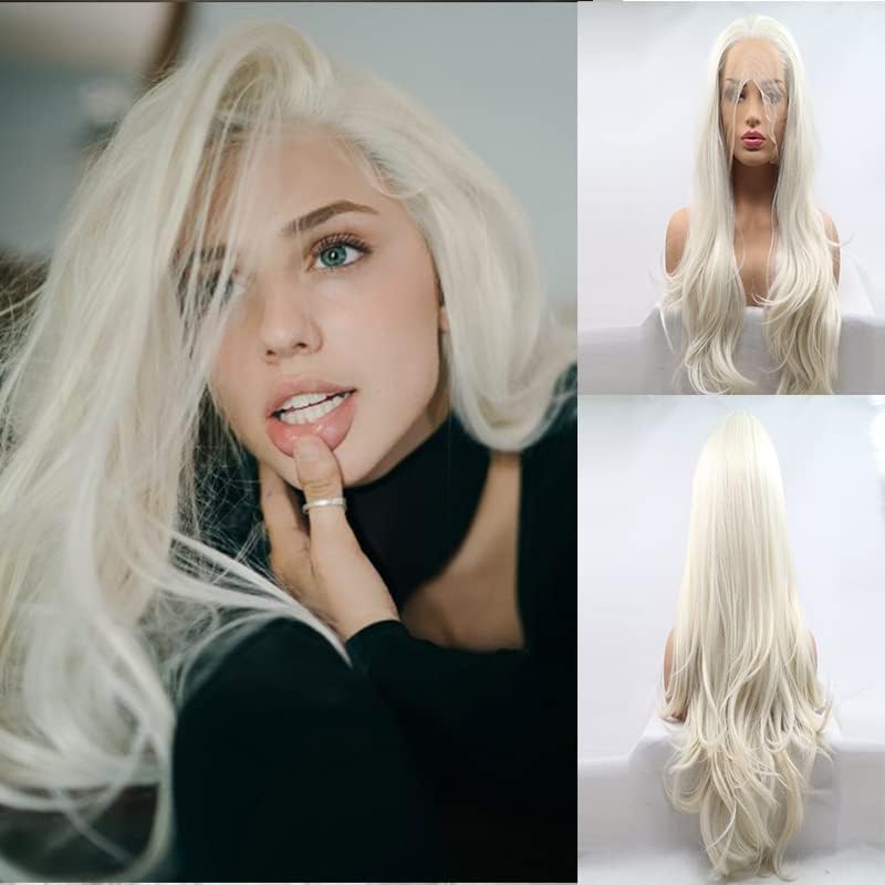Xiweiya Long 60# White Lace Front Wig Platinum Body Wave Synthetic Lace Front Wig Natural Hairline High Density Wig Heat Resistant Fiber Wig for Women 24inch — image 1