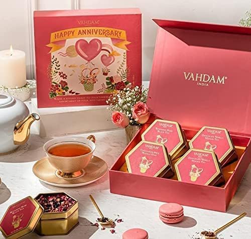 VAHDAM, ANNIVERSARY TEA GIFT SETS (7.05OZ/100+ CUPS) GIFT BOX FOR COUPLE | 4 LOOSE LEAF TEA – GREEN TEA, HERBAL TEA | GLUTEN FREE, NON GMO | GIFTS FOR WOMEN, GIFTS FOR MEN, GIFTS FOR HIM/HER
