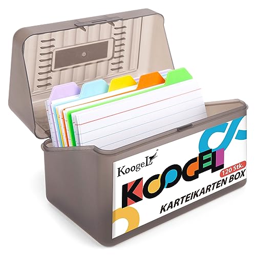 Koogel Karteikarten Box, Lernkarteibox Karteikasten für 300 Karten 12,5cm x 7,5cm (5 x 3 Zoll), Karteibox Lernbox inkl. 10 Tabs und 100 Lernkarten