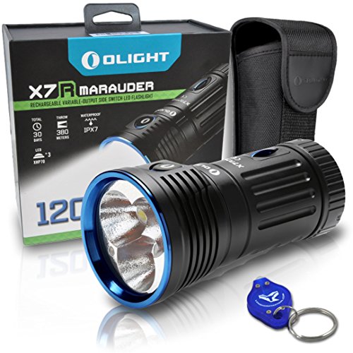 Olight X7R Marauder 12000 Lumen LED Rechargeable Super Bright Cool White Flashlight, USB-C Charging cable, Holster & Lumen Tactical LED Keychain Flashlight