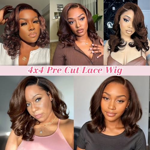 Glueless Wig Human Hair Bob Wigs for Women Human Hair Wear and Go Glueless Wig 4x4 Pre Cut Body Wave Lace Front Wigs Natural Hairline 180% Density Chocolate Brown Color 12 inch (30cm)