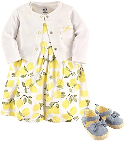 Hudson Baby Baby Girls' Cotton Dress, Cardigan and Shoe Set, Lemon