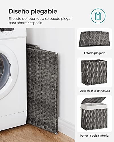 SONGMICS Cesto de la Ropa,130 L,Cesto de Lavandería,Tejido a Mano,con Compartimentos Separados,con Tapa y Asas,Ratán Sintético,Plegable,Bolsa de Forro Extraíble,Gris MLCB253G01.