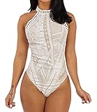 Womens Sexy Boho Lace Halter Sleeveless Bodysuit Tops