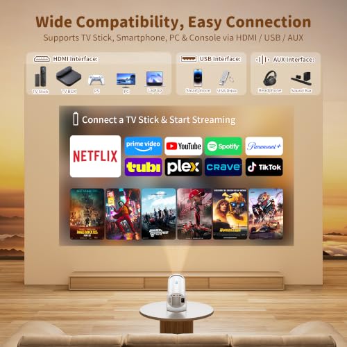 Telonixium Mini Projector, Full HD 1080P with 4K Support, Portable Projector with Carrying Case, 270° Rotation, Electric Keystone, 200" Screen, Low Noise ≤25dB, HDMI USB AUX, Home Cinema, Projecteur