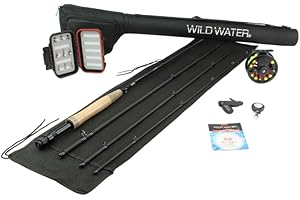 Wild Water Standard Fly Fishing Combo Starter Kit, 5 or 6 Weight 9 Foot Fly Rod, 4-Piece Graphite Rod with Cork Handle, Accessories, Die Cast Aluminum Reel, Carrying Case, Fly Box Case & Fishing Flies