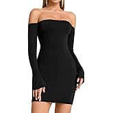 GLNEGE Women's Off Shoulder Long Sleeve Mini Dresses Sexy Backless Bodycon Tube Cocktail Club Party Short Dress