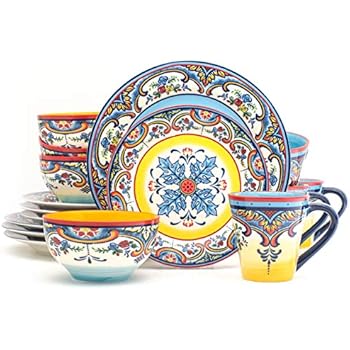 Euro Ceramica Zanzibar Collection Vibrant 16 Piece Oven Safe Stoneware Dinnerware Set, Service For 4, Spanish Floral Design, Multicolor