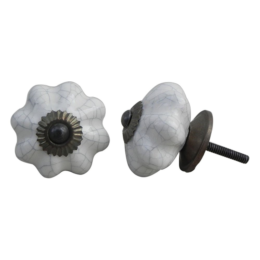 IndianShelf Handmade 12 Piece Ceramic White Crackle Melon Artistic Rust Free Decorative Knobs Cabinet Handles Drawer Pull