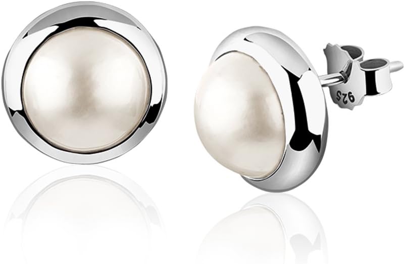 NenalinaWomen's Stud Earrings 10 mm Shell Pearl and Glossy Surface, made of 925 sterling silver, 722172-042