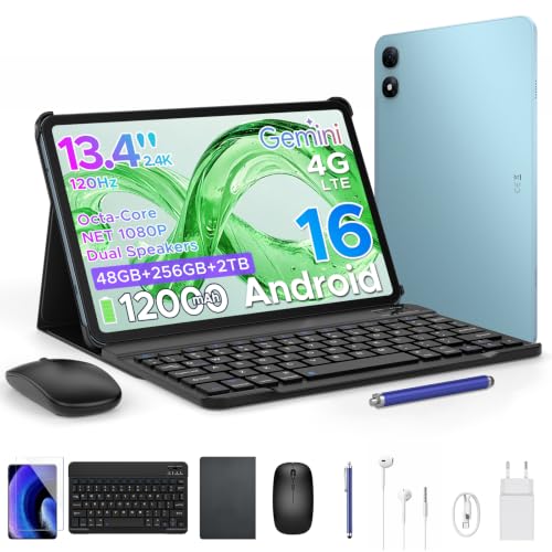 P13 Pro Tablet 13.4 Pulgadas 120Hz Android 16, 48GB RAM + 256GB(TF 2TB) Tablet con Teclado y Lapiz, T7280 Octa-Core, 12000mAh/18W, 16MP+8MP, Gemini AI, Widevine L1, Face ID, Dual SIM 4G, Azul
