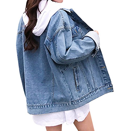 Zuozee Jean Jacket Womem, Denim Jacket Men, Boyfriend Jacket Denim Oversized, Pockets Inside - Long Sleeves - Loose Fit - Thumbnail 2