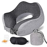 Travel Pillow Memory Foam Neck Pillow, Upgrade Design Perfect Support Airplane Pillow with Machine Washable Pillowcase, Adjustable Airplane Travel Pillow with 3D Sleep Masks, Earplugs and Bag