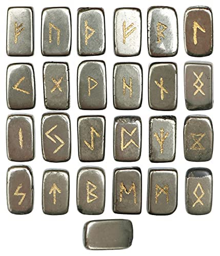 Crocon® Golden Pyrite Rectangle Shape Gemstone Runes with Elder Futhark Alphabet Engraved 25 pcs Rune Set Crystal Divination Healing Chakra Reiki Runes Set with a Pouch Size : 20-25mm