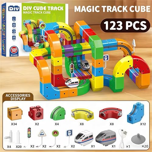 Gear Track Car, 123PCS Flexible Race Car Track Sets, for Toddlers with Electric Train, Traffic Signs, Cute Train Set Toys for 3 4 5 6 7 8 Year Old, Best Birthday Party Gift