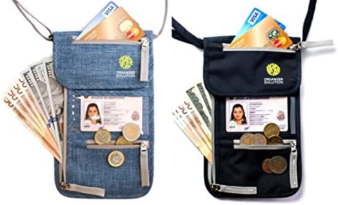 Passport Holder by Organizer Solution, Travel Wallet with Rfid, Neck Pouch (set 2 pack, Black+Blue Denim)