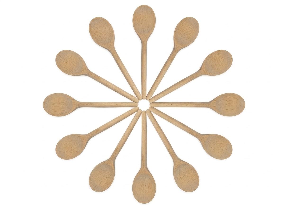 10 Inch (25cm) Long Wooden Spoon Set by BICB | Natural Beechwood Mixing Spoons for Baking, Cooking & Stirring | Set of 12 Long Wooden Spoons | Cookware Sauce Spoons | Wood Mixing Spoon Set