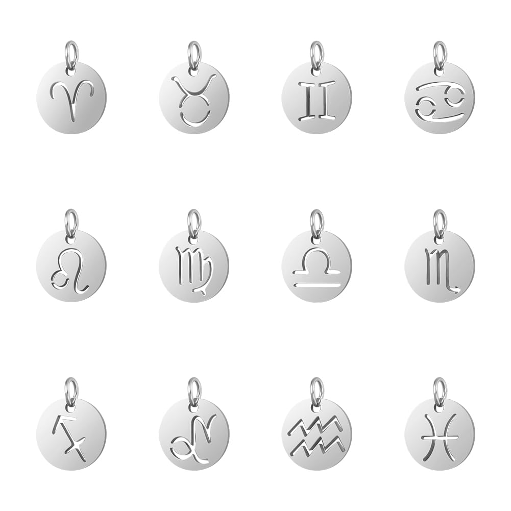 UNICRAFTALE 24pcs Flat Round with 12 Constellation Pendants 304 Stainless Steel Mixed Sign Charms 3mm Small Hole Zodiac Sign Charm for DIY Necklace Bracelet Jewelry Making Craft 12x1mm