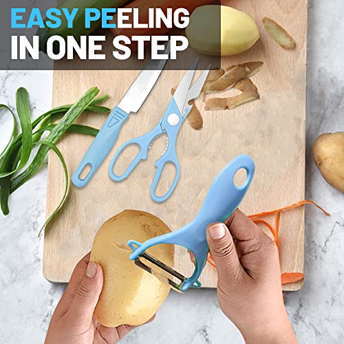 shijie Mini Travel Cutting Board Set, 4 Pcs Mini Camping Plastic Cutting Board & Knife, Fruits & Vegetable Peeler Scissors, Portable Stainless Steel Picnic Small Cutting Board Set (Blue) (4-1CB)
