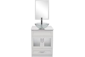 Puluomis 24 Inch Traditional Bathroom Vanity Set Single White Cabinet and Glass Vessel Sink 1 Large Sliding Drawers and 2-Door Pop-up Drain Faucet