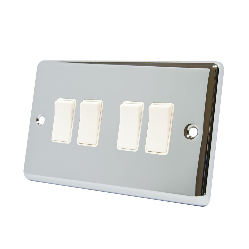 AET CPC4GSWIWH 4 Gang 2 Way 10 A Classical Chrome Polished White Insert Plastic Rocker Light Switch