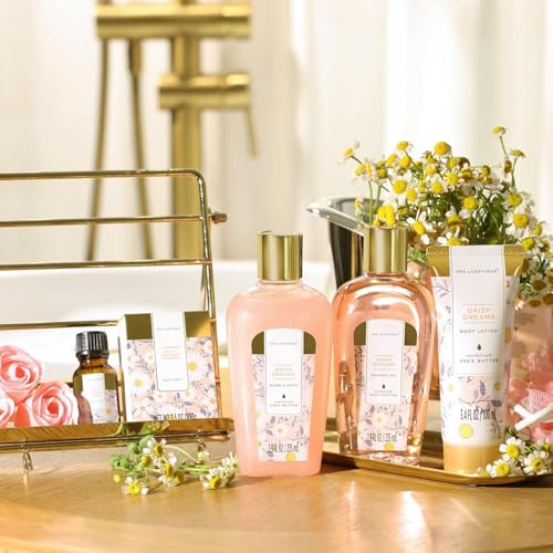 Spa Gifts for Women, Spa Luxetique Spa Gift Baskets with Daisy Scented, 8pc Home Bath and Body Gifts Set, Spa Bath Set Includes Body Lotion, Bubble Bath, Bath Salt, Essential Oil (Daisy)