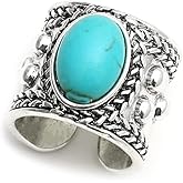 Dtja Turquoise Adjustable Open Wide Band Ring for Women Girls Vintage Boho Ball Bead Blue Stone Knuckle Finger Rings Comfort Fit Bohemian Birthday Christmas Retro Party Jewelry Gift