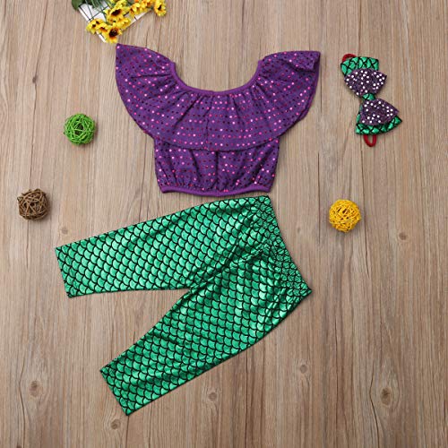 Toddler Baby Girls Mermaid Outfits Set Off Shoulder Ruffle Crop Tops Fish Long Leggings Pants with Headband 3-4T