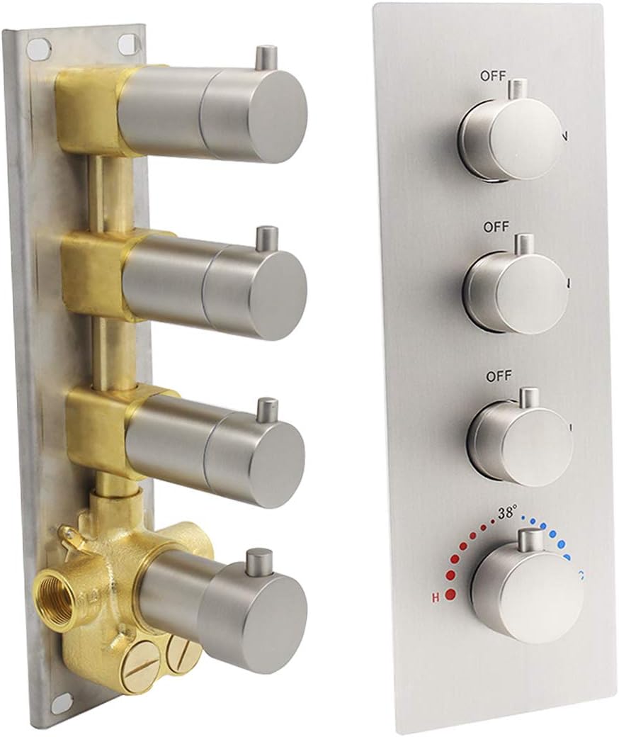 HOMEDEC Brass 3-Outlet Shower Water Mixer Diverter Thermostatic Valve Brushed Nickel with 4 Handles (All Functions Can Be Used Simultaneously, Flows Can Be Controlled), Concealed Installation