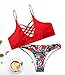 Sign Red Floral Print Criss Cross Bikini Set, Medium