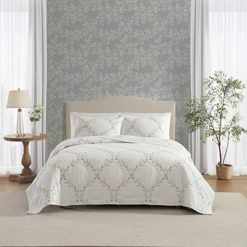 Laura Ashley – King Quilt Set, Super Soft & Breathable Embroidered Bedding with Matching Sham(s), Floral Home Decor (Floral Embroidery Blue, King)