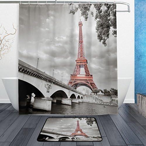 Vintage Eiffel Tower and Bridge Polyester Fabric Design Shower Curtain Set Bathroom Mats 23.6"(L) x 15.7"(W) Non-slip Rug Carpet Shower Curtain and 12 Hooks