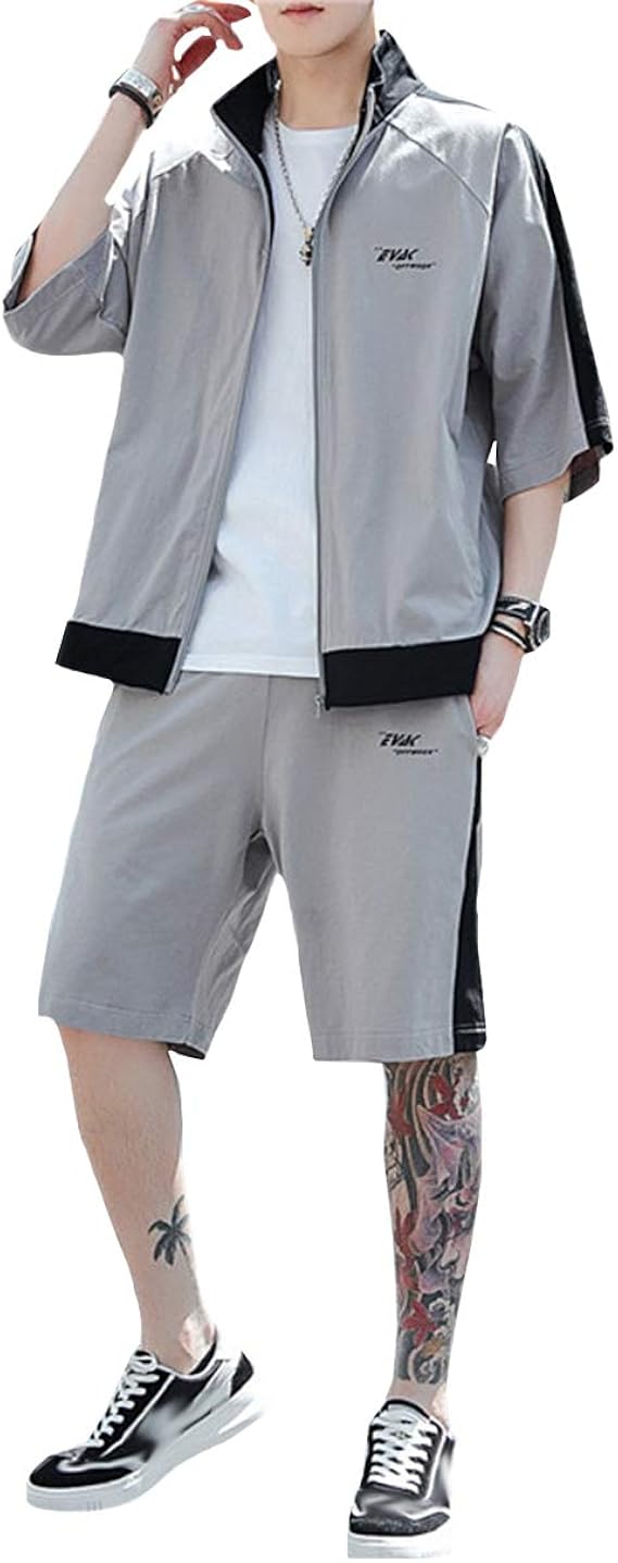 Amazon Angelcity ジャージ メンズ スウェット 上下セット 無地 半袖 半ズボン セットアップ 前開き ジッパー トップス ショットパンツ 2点セット 夏服 秋服 スポーツウェア ルームウェア 部屋着 ランニングウェア 大きいサイズ L76 Tシャツ カットソー 通販