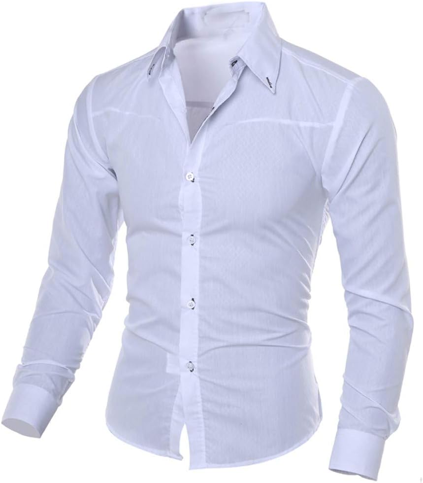 POQOQ Shirts Tops Men Slim Button Down Regular Fit Long Sleeve Plaid Fashion