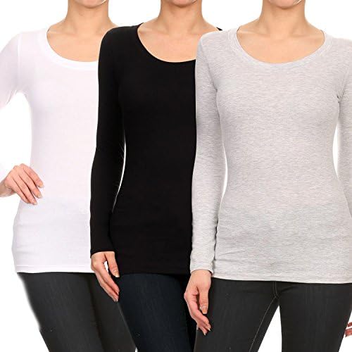 RouA 303LRX Women's Round Neck Long Sleeve T shirt (L) Bl,Wt,Heather Grey