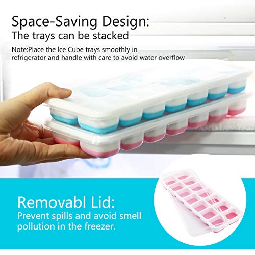 Merrybox Ice Cube Trays with lids 4 Pack,Stackable Easy-Release Silicone Ice Trays Can Make 56 Cubes,BPA Free &LFGB Certified, Durable Dishwasher Safe(Blue+Pink) - Thumbnail 4