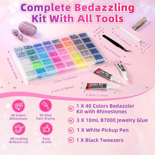 40000Pcs 40 Colors Resin Jelly Rhinestones Kit, 3mm Flatback Rhinestones with 3Pcs B7000 Jewelry Glue & Tools, Bedazzler Kit for DIY Arts & Crafts Gifts (40)