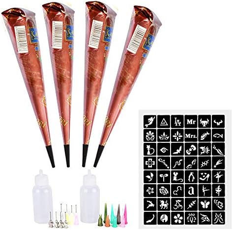 Temporary Paste Tattoos Body Art Painting DIY Kits,4 Brown Tattoo Paste Cone with 48 Adhesive Stencil 2 Applicator Bottle and 16 Plastic Nozzle